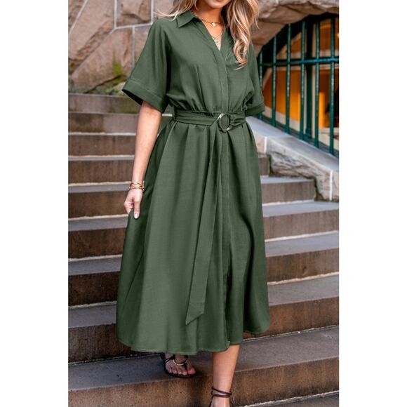Cupshe Green Collared Short Sleeve Midi Dress- NWT - Size Small - Picture 3 of 7